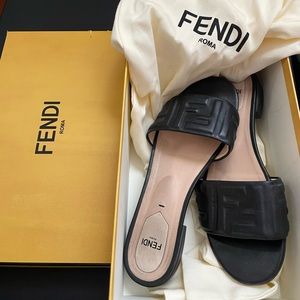FENDI Black Leather FF Motif Sandal Slides